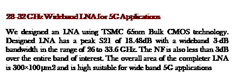 Text Box: 28-32 GHz Wideband LNA for 5G Applications

We designed an LNA using TSMC 65nm Bulk CMOS technology. Designed LNA has a peak S21 of 18.48dB with a wideband 3-dB bandwidth in the range of 26 to 33.6 GHz. The NF is also less than 3dB over the entire band of interest. The overall area of the completer LNA is 300×100 µm2 and is high suitable for wide band 5G applications
