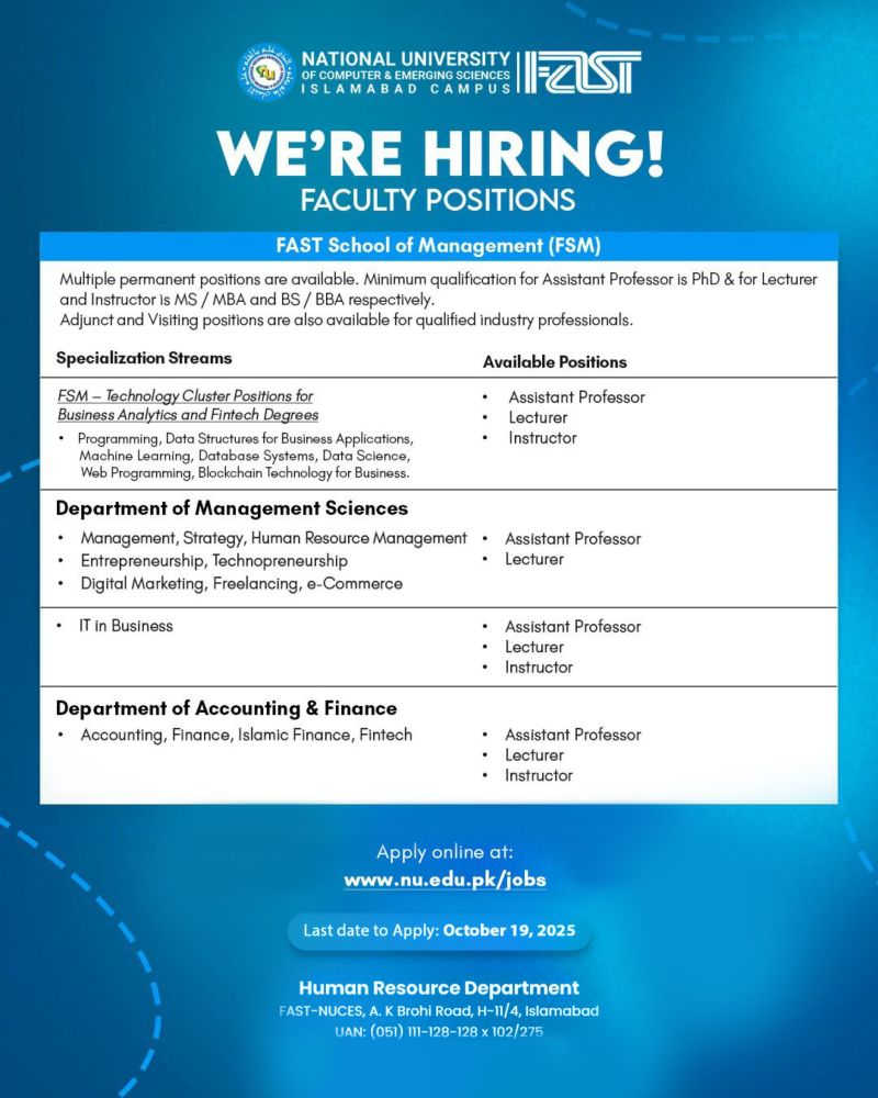 FAST School of Management - Multiple Faculty Positions